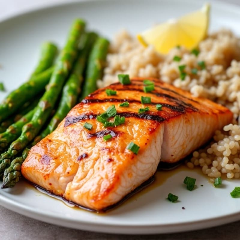 Grilled Salmon with Steamed Asparagus and Brown Rice