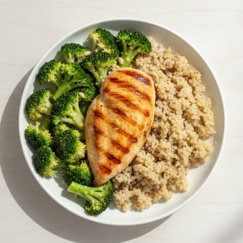 Grilled Chicken Breast with Steamed Broccoli and Quinoa