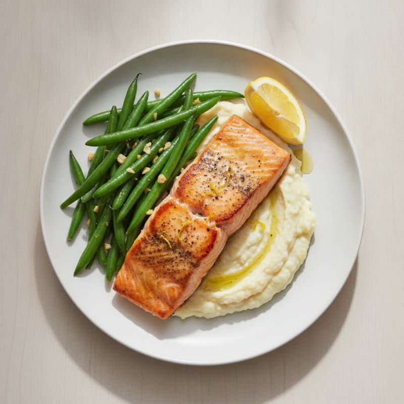 Pan-Seared Salmon with Garlic Green Beans and Cauliflower Mash
