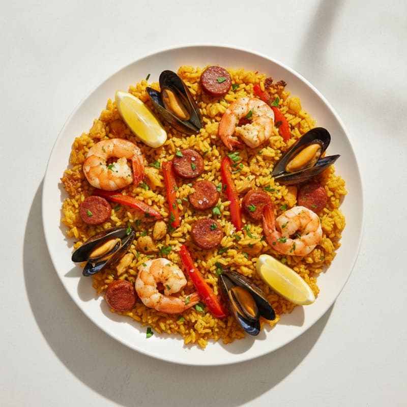Saffron Seafood Paella with Chorizo