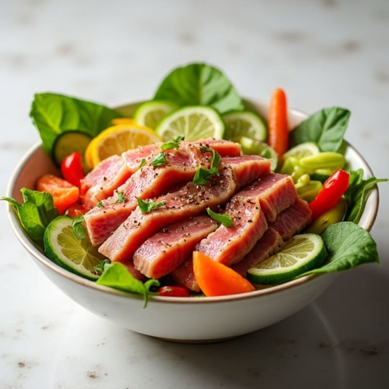 Fresh Marinated Tuna Bowl with Creamy Avocado and Crispy Vegetables