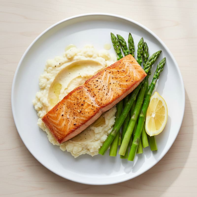 Seared Salmon with Steamed Asparagus and Cauliflower Mash