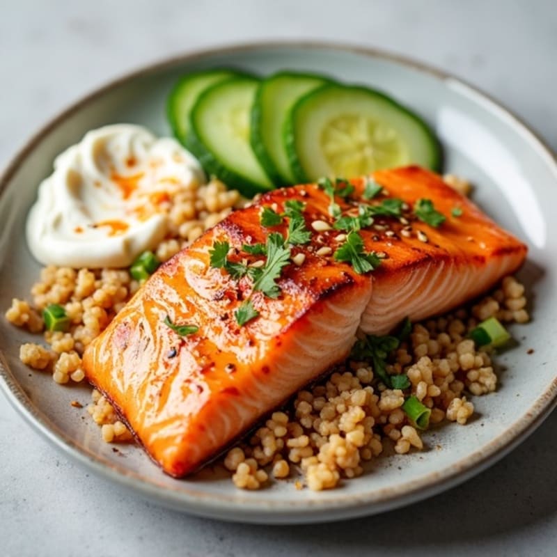 Flaky Baked Salmon with Brown Rice, Crispy Cucumber, Avocado, and Spicy Sesame Dressing
