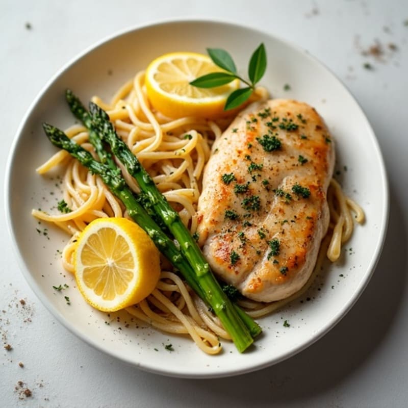 Lemon-Herb Chicken Pasta with Roasted Asparagus