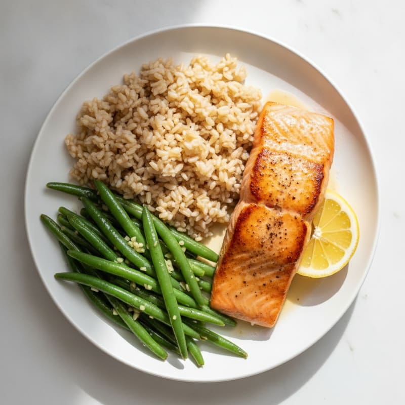 Seared Salmon with Garlic Green Beans and Brown Rice