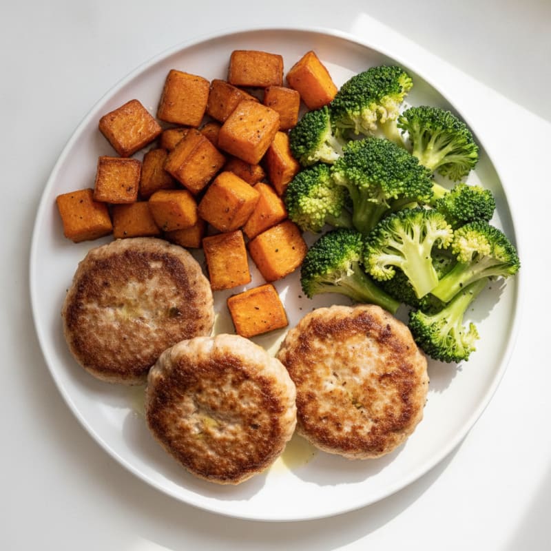 Seared Turkey Patties with Roasted Sweet Potato and Steamed Broccoli