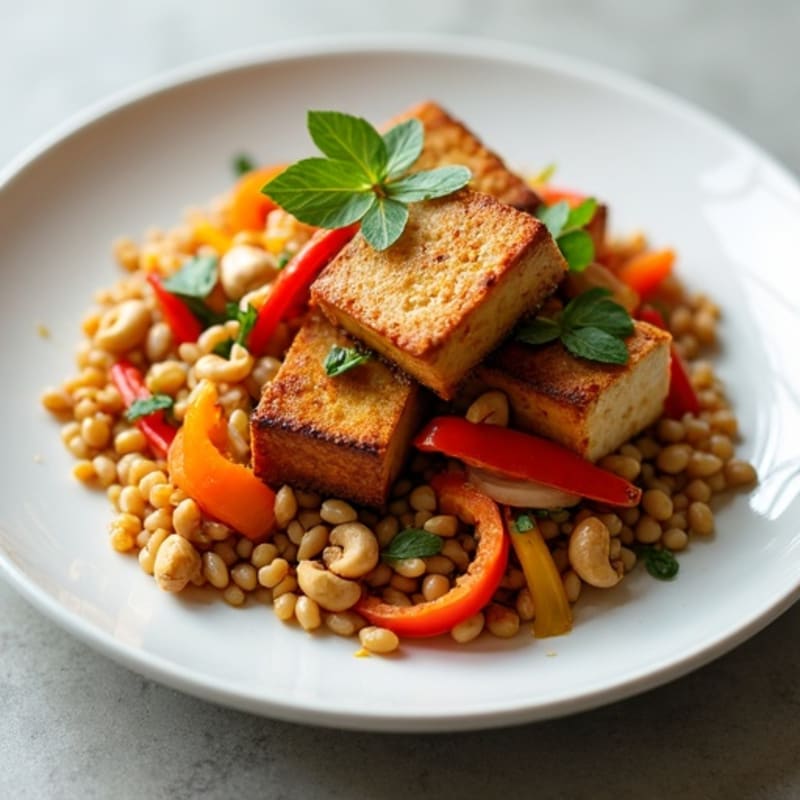 Crispy Tofu with Lentil Vegetable Stir-Fry