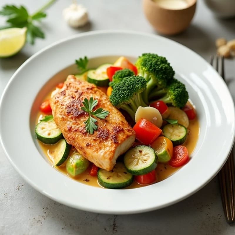 Tender Chicken and Crisp Vegetables with Creamy Coconut and Spicy Green Chili Sauce