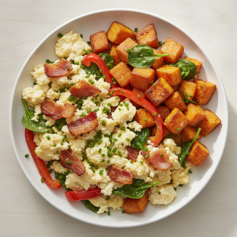 Crispy Turkey Bacon and Egg White Scramble with Roasted Sweet Potatoes