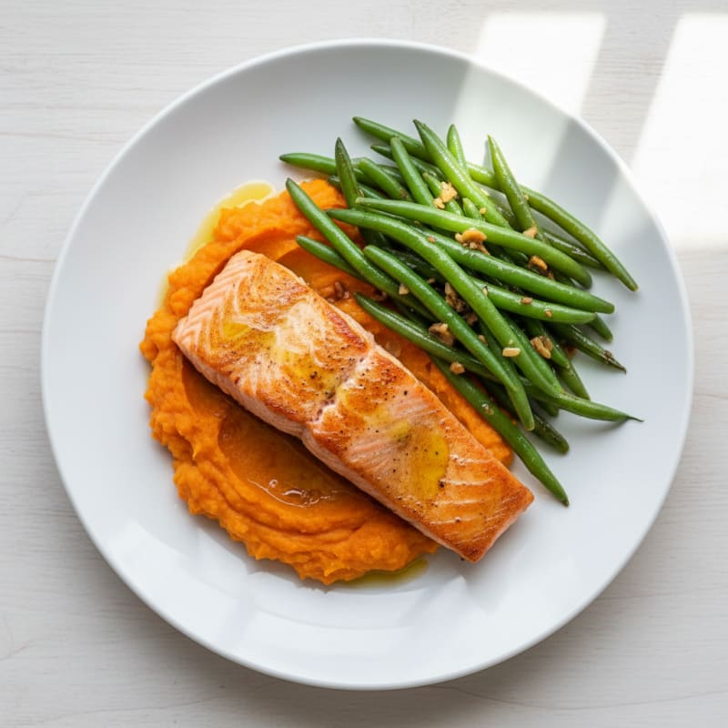 Seared Salmon with Garlic Green Beans and Sweet Potato Mash