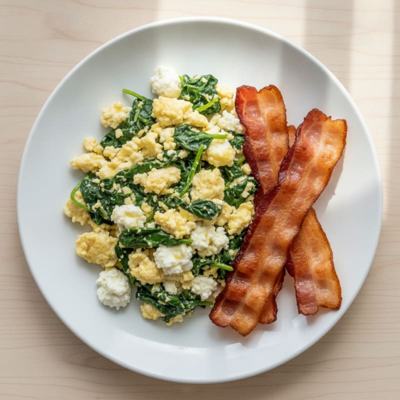 Cottage Cheese Scramble with Spinach and Turkey Bacon