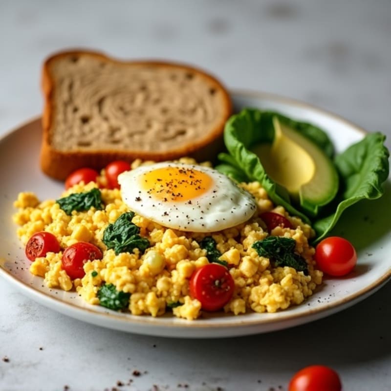 Cottage Cheese Scramble with Spinach and Roasted Cherry Tomatoes