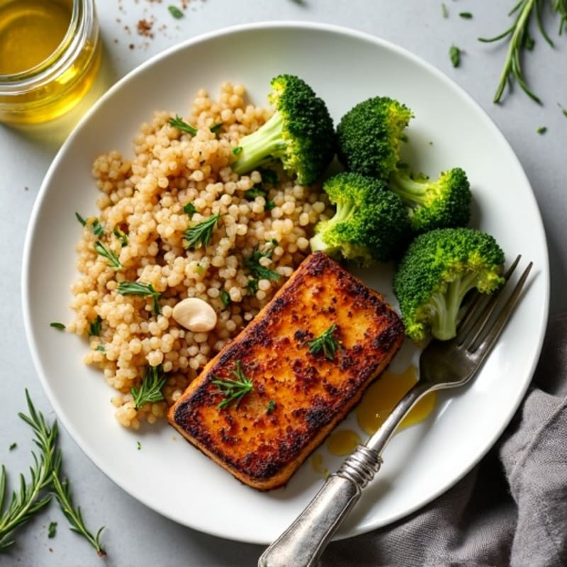 Herb-Roasted Tempeh with Garlic Broccoli and Quinoa