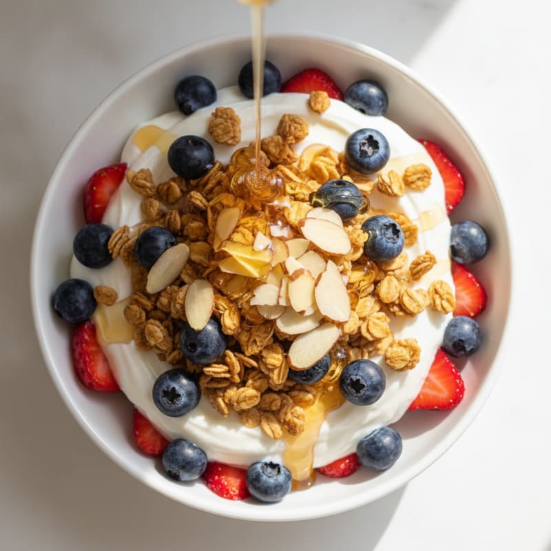 Greek Yogurt Parfait with Crunchy Almond Granola and Fresh Berries