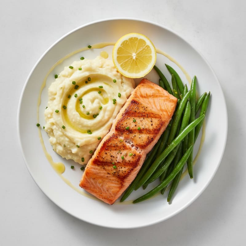 Seared Salmon with Steamed Green Beans and Garlic Mashed Cauliflower