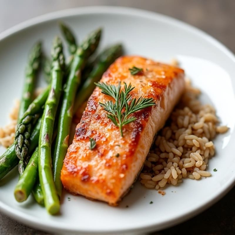 Seared Salmon with Steamed Asparagus and Brown Rice