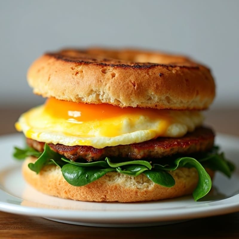 Egg White and Turkey Sausage Breakfast Sandwich with Spinach on Whole Grain English Muffin