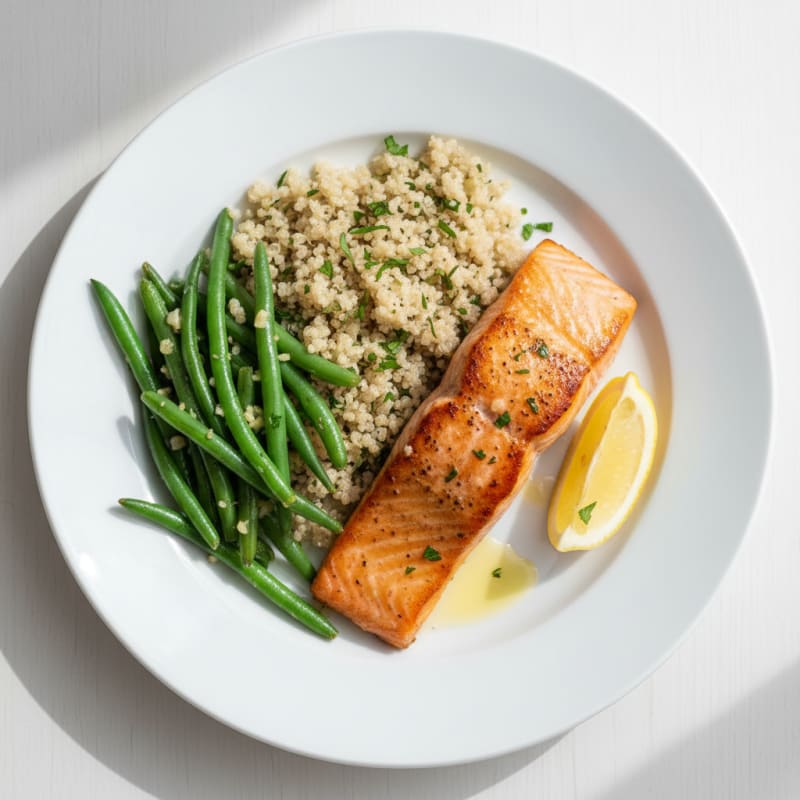 Seared Salmon Fillet with Garlic Green Beans and Quinoa