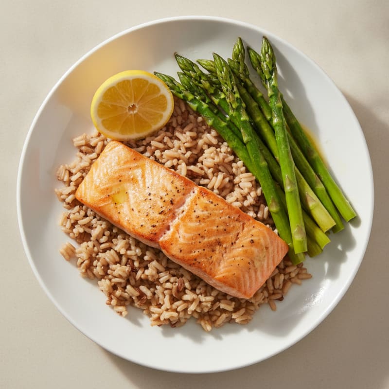 Seared Salmon Fillet with Steamed Asparagus and Brown Rice