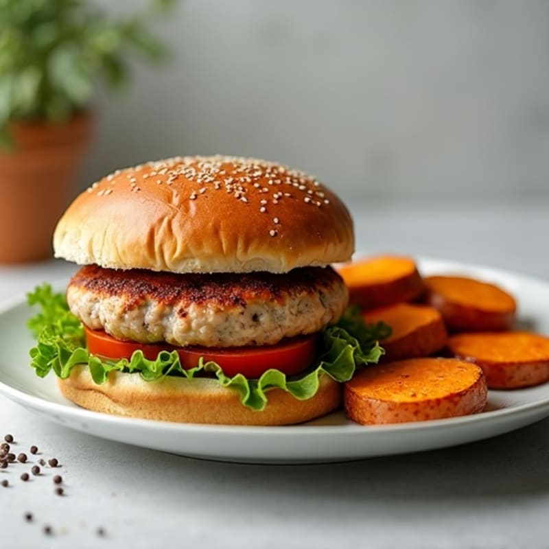 Lean Turkey Burgers with Crispy Roasted Sweet Potatoes