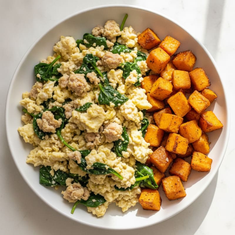 Egg White and Turkey Sausage Scramble with Spinach and Roasted Sweet Potato