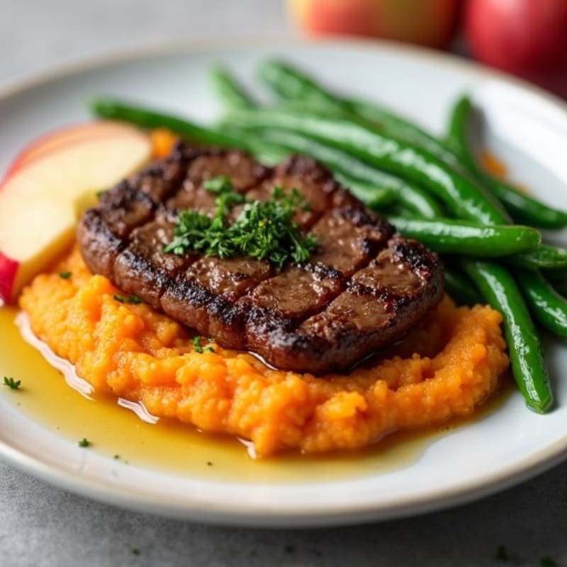 Seared Lean Beef with Steamed Green Beans and Sweet Potato Mash