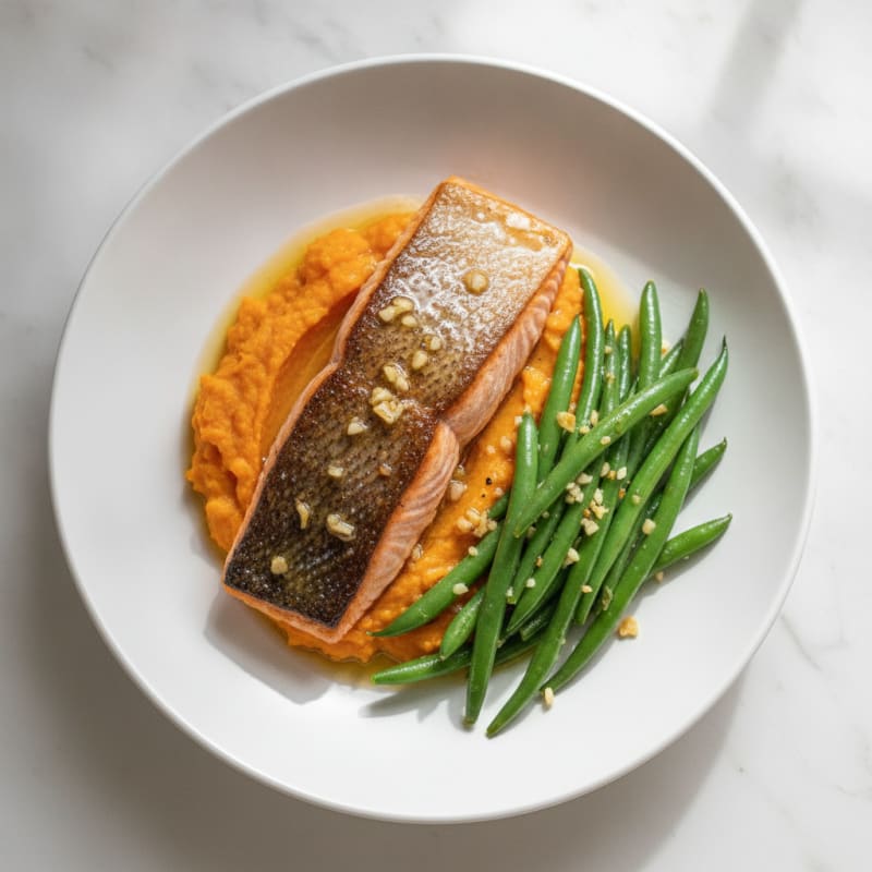 Seared Salmon Fillet with Garlic Sautéed Green Beans and Sweet Potato Mash