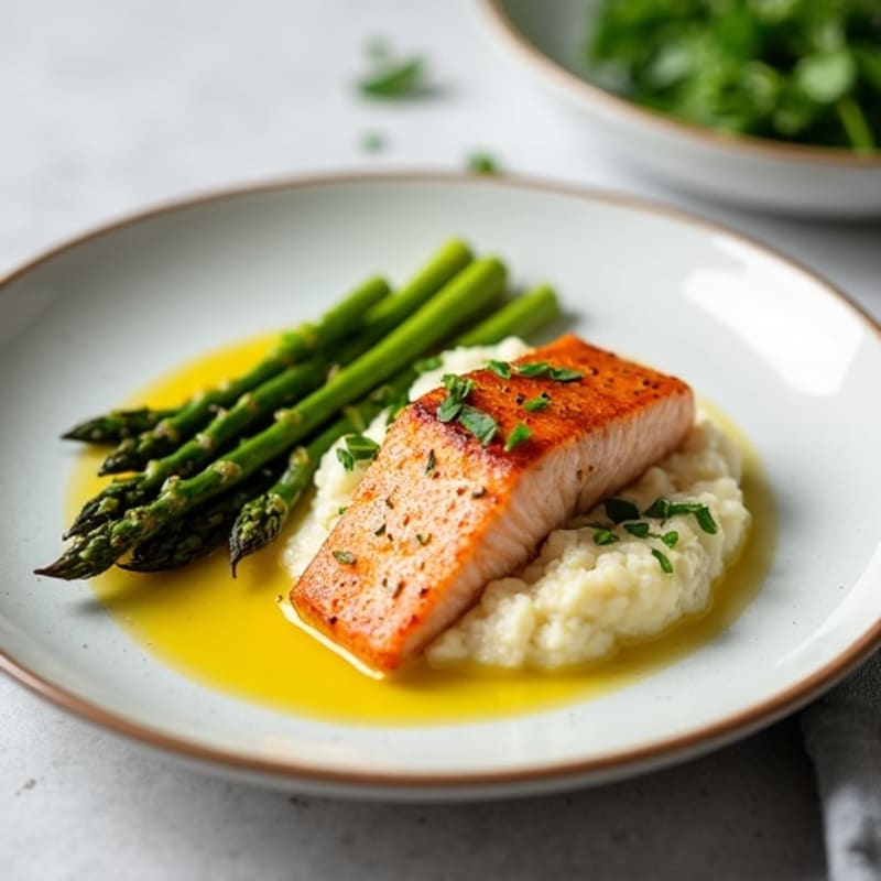 Seared Salmon with Steamed Asparagus and Mashed Cauliflower