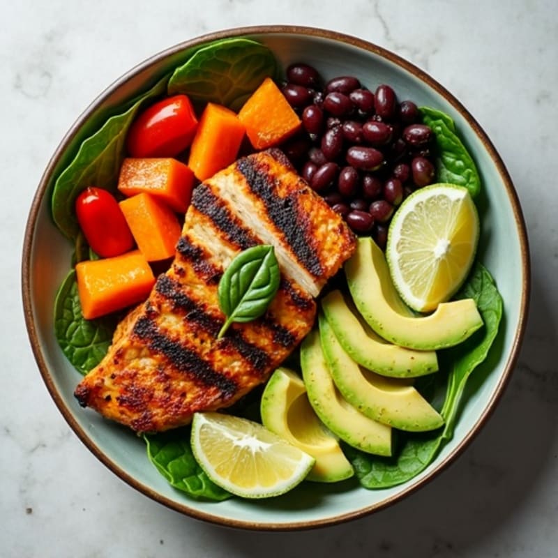 Roasted Sweet Potato and Black Bean Bowl with Creamy Avocado Dressing