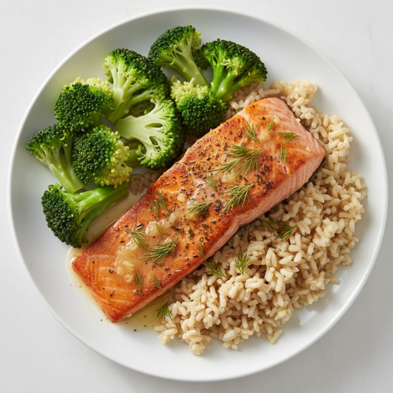 Herb-Seared Salmon with Steamed Broccoli and Brown Rice
