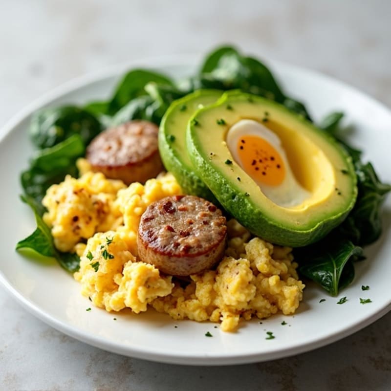 Egg White and Turkey Sausage Scramble with Sautéed Spinach