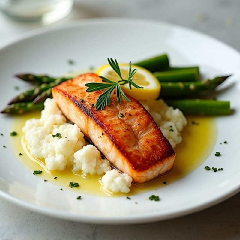 Seared Salmon with Steamed Asparagus and Cauliflower Mash