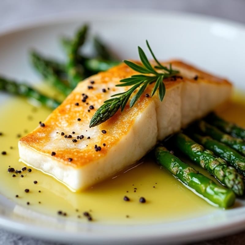 Seared Cod Fillet with Roasted Asparagus and Lemon