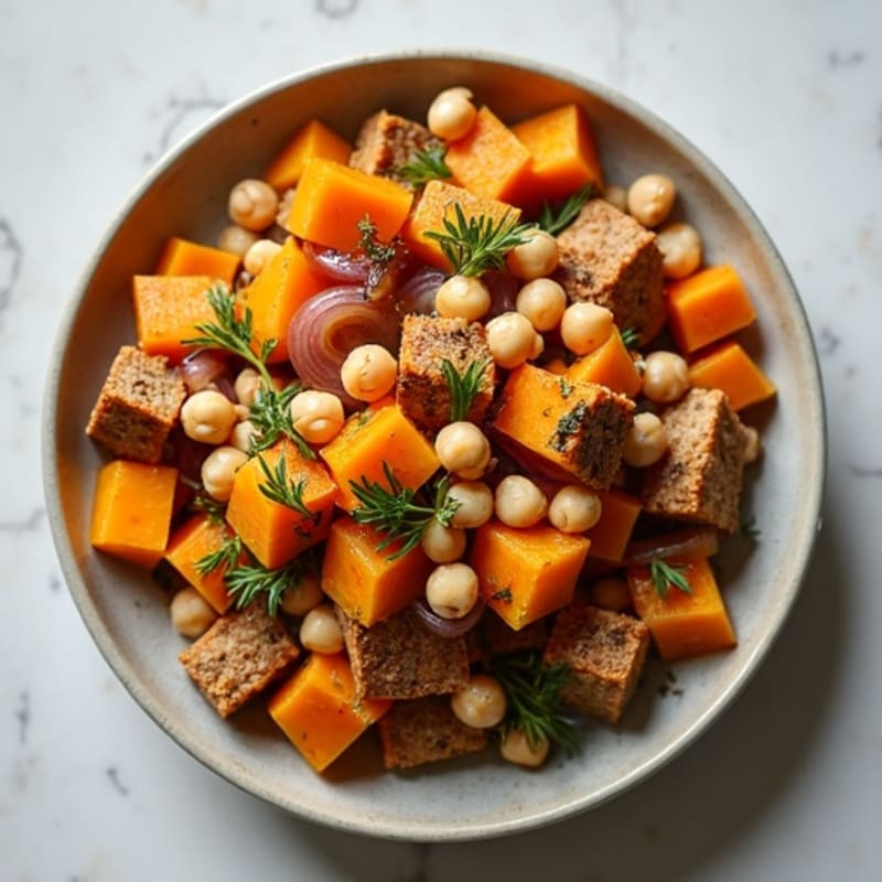 Roasted Butternut Squash with Caramelized Onions, Tempeh & Chickpeas