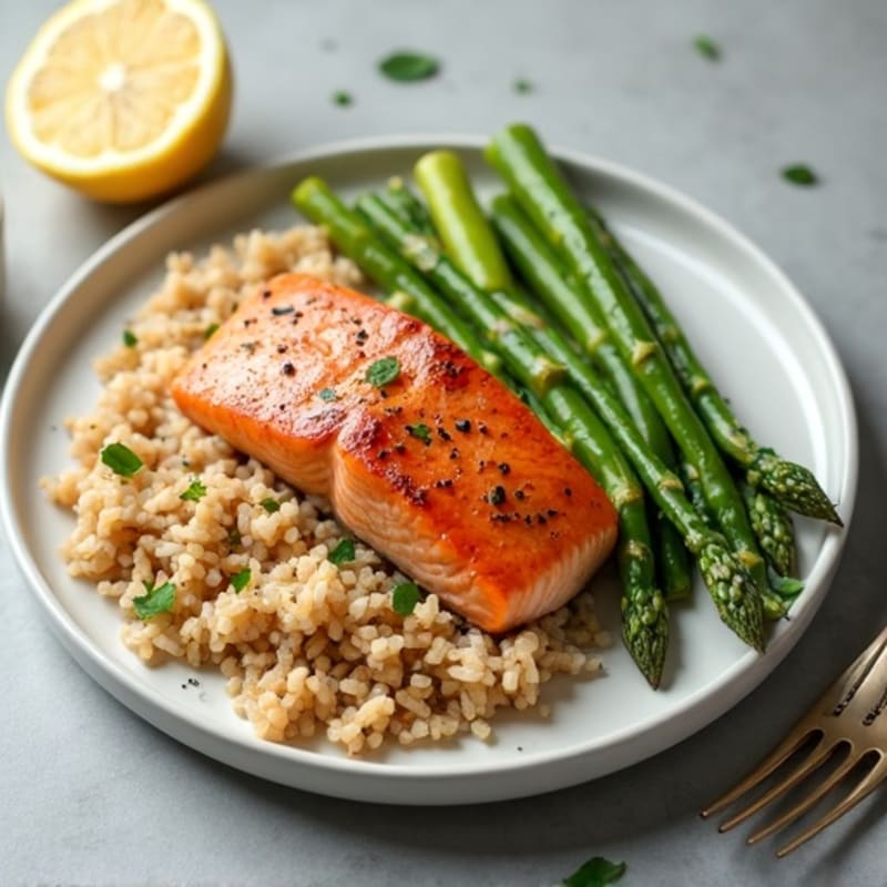 Seared Salmon Fillet with Steamed Asparagus and Brown Rice