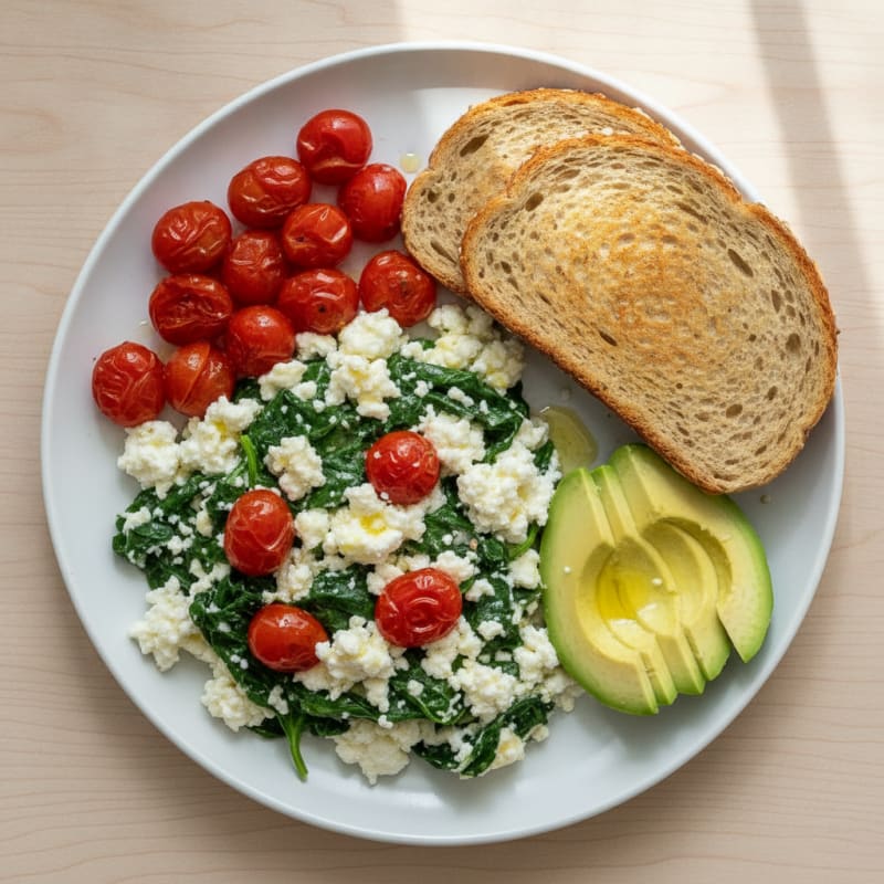Egg White Spinach Scramble with Cottage Cheese and Cherry Tomatoes
