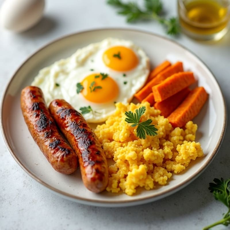 Crispy Turkey Sausage and Egg White Scramble with Roasted Sweet Potato