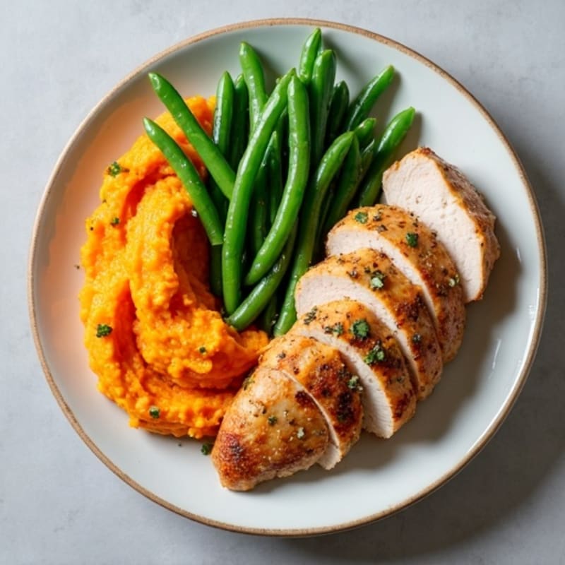 Herb-Roasted Turkey Breast with Steamed Green Beans and Sweet Potato Mash