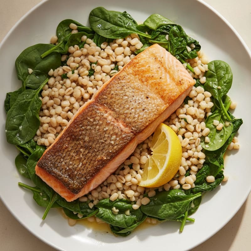 Seared Salmon with Farro and Garlic Spinach