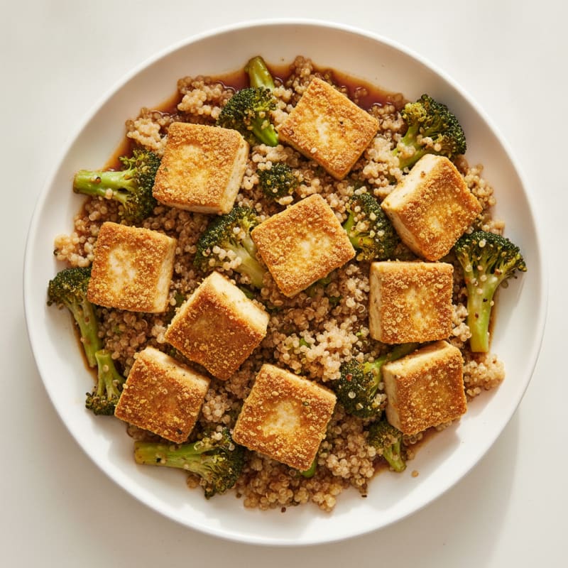 Crispy Tofu with Stir-Fried Broccoli and Quinoa