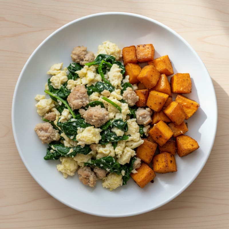 Egg White and Turkey Sausage Scramble with Spinach and Roasted Sweet Potatoes