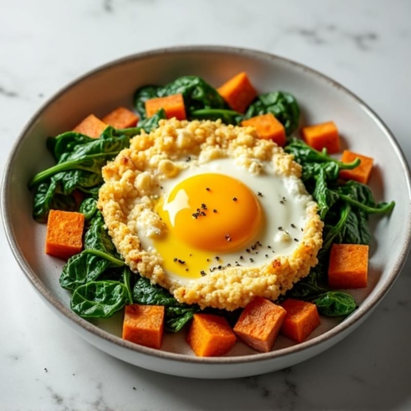 Fluffy Egg Scramble with Roasted Sweet Potatoes and Spinach