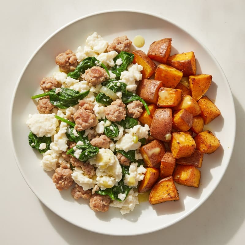 Egg White and Turkey Sausage Scramble with Spinach and Roasted Sweet Potatoes