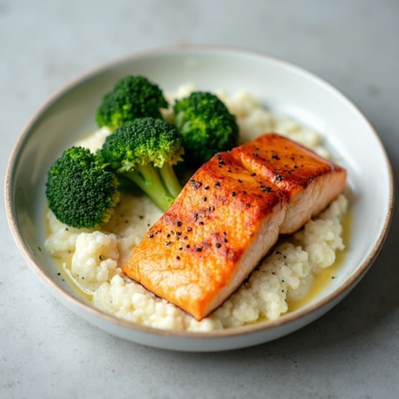 Seared Salmon Fillet with Steamed Broccoli and Garlic Cauliflower Mash
