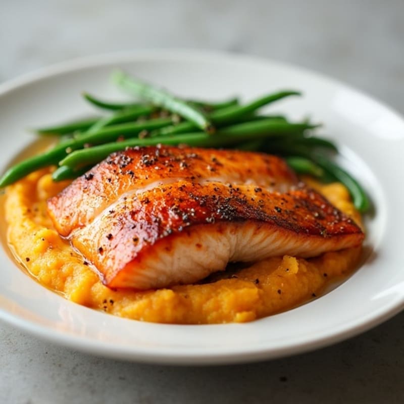 Seared Salmon with Steamed Green Beans and Sweet Potato Mash