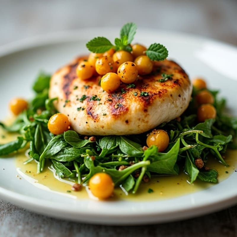 Grilled Chicken with Fresh Herb Salad, Crispy Chickpeas, and Tangy Lemon Vinaigrette