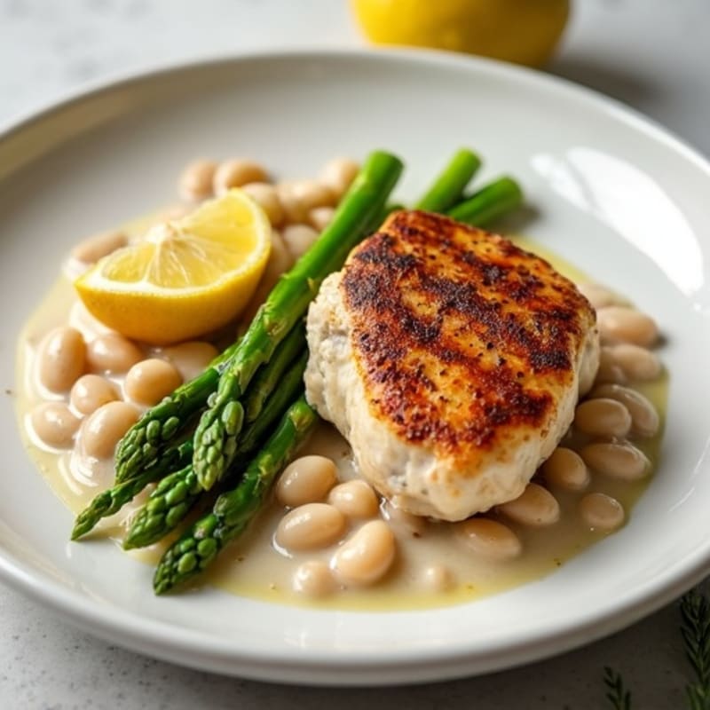 Seared Chicken Thighs with Creamy Garlic White Beans and Asparagus