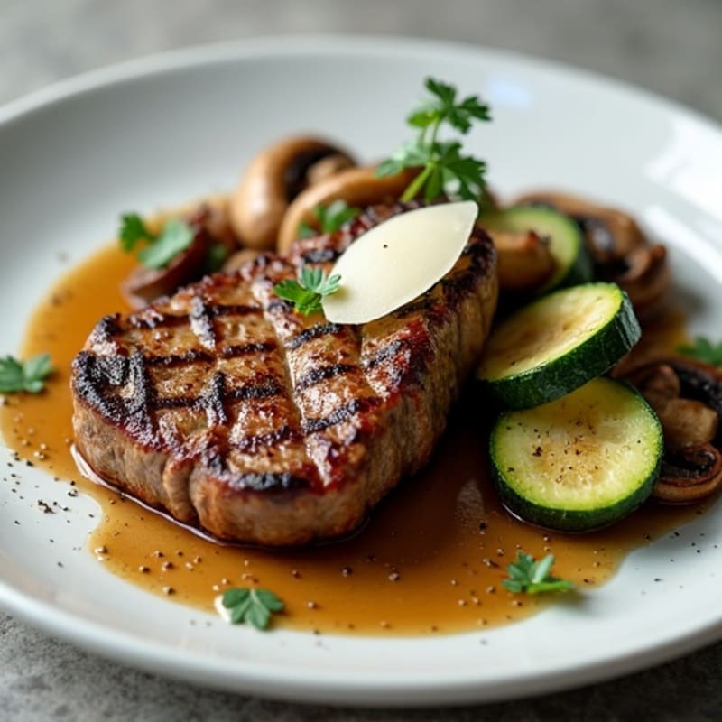 Seared Steak with Roasted Zucchini and Sautéed Mushrooms