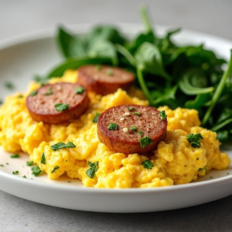 Fluffy Scrambled Eggs with Spinach and Turkey Sausage