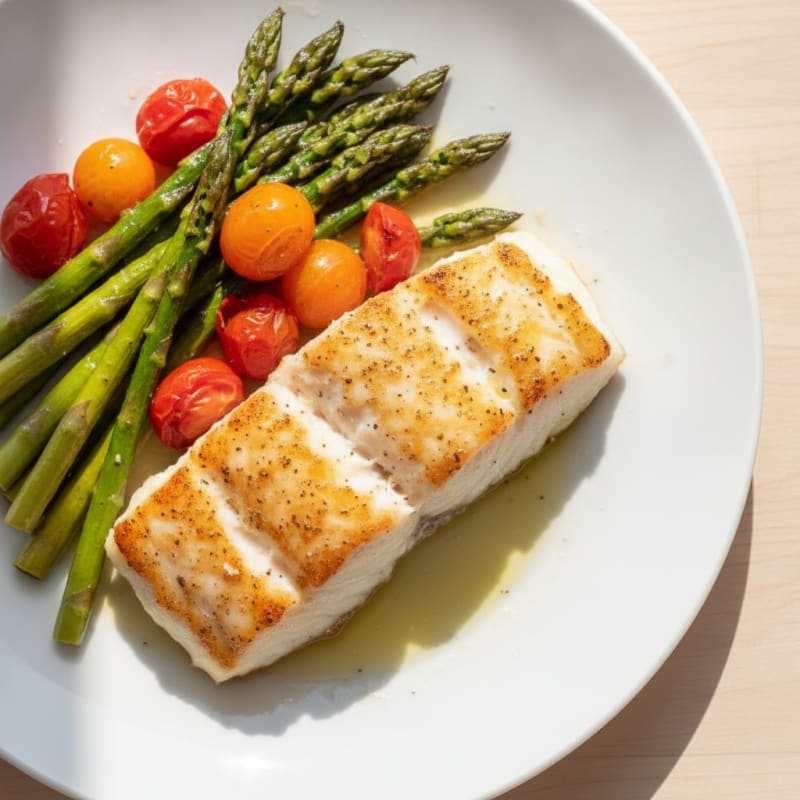 Seared Cod with Roasted Asparagus and Cherry Tomatoes